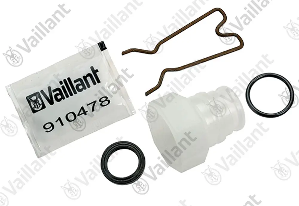 Vaillant Anschlussstück bestehend aus einem weißen Kunststoffteil, zwei O-Ringen und einem Drahtclip, verpackt in einem transparenten Beutel.